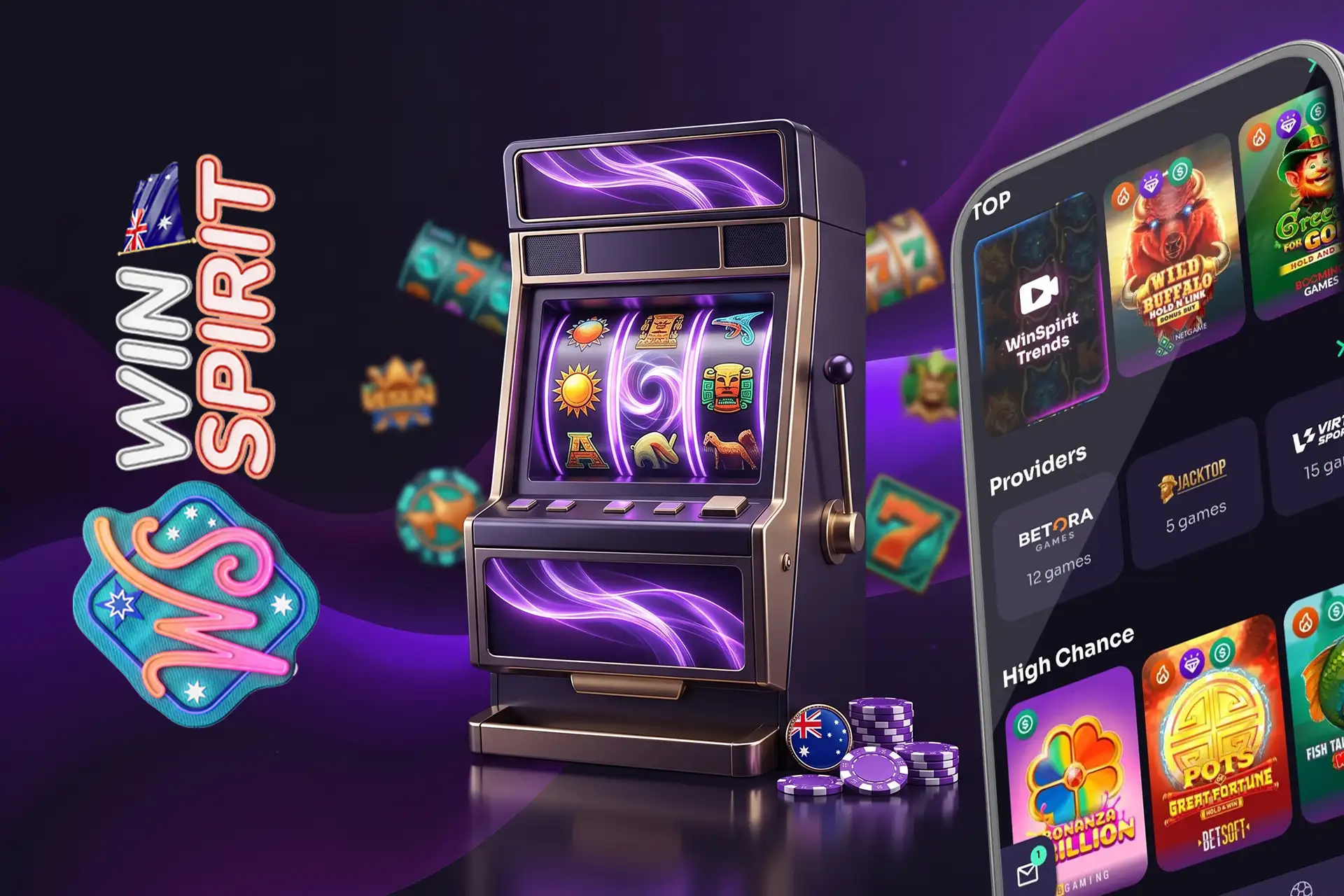 Extensive library of online pokies and slots at WinSpirit Casino, represented by a classic 3D slot machine and a mobile app displaying top games